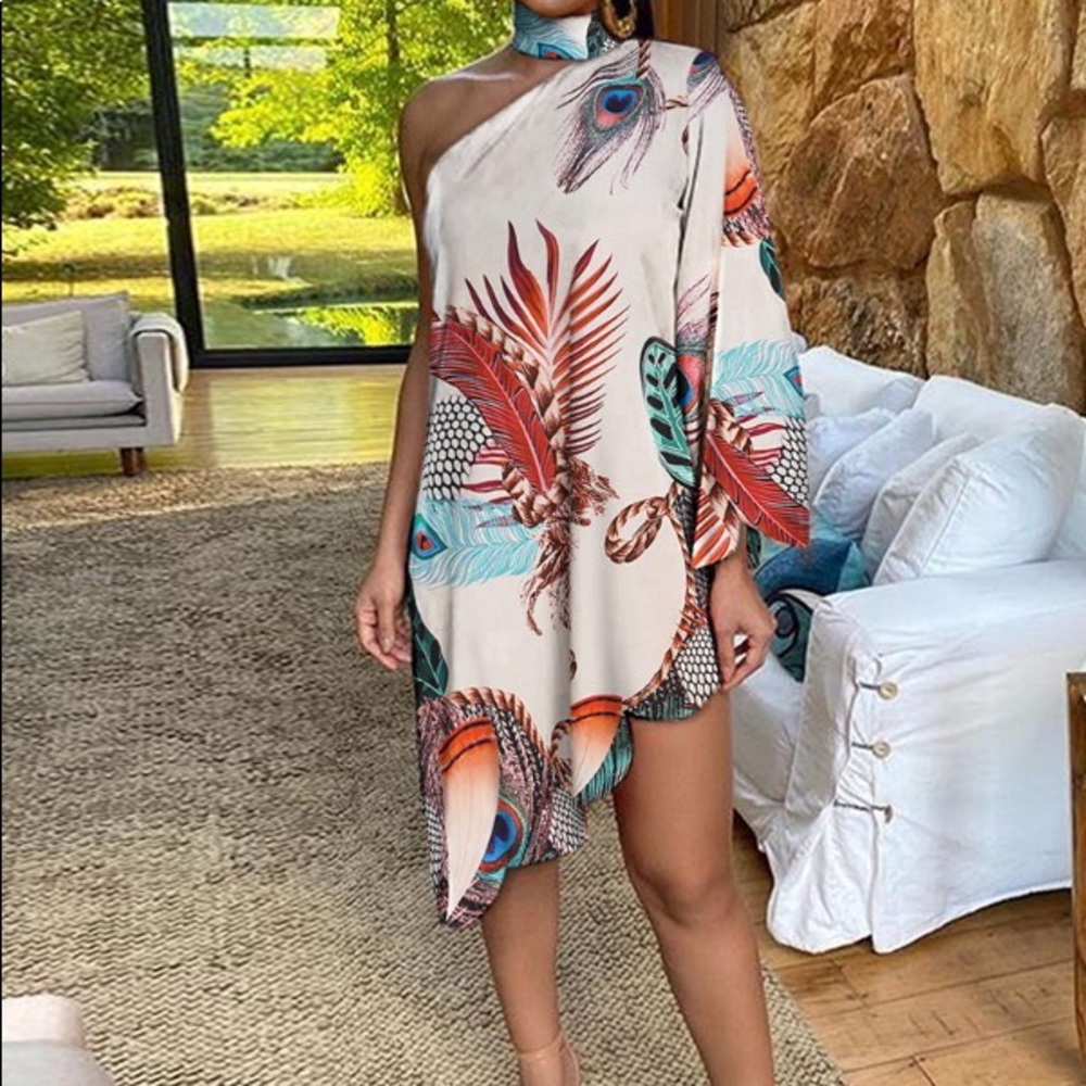 PEACOCK DRESS multicolor off the shoulder